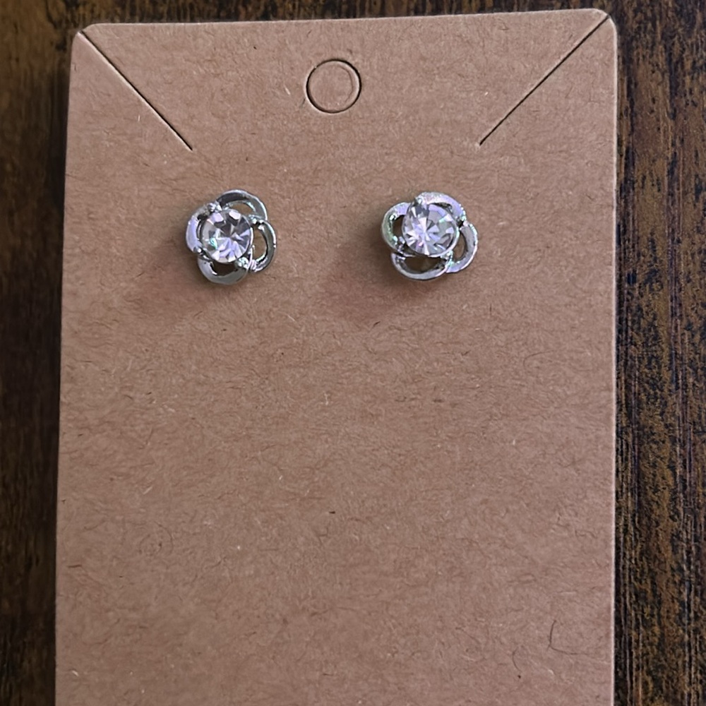 Silver Floral Crystal Stud Earrings